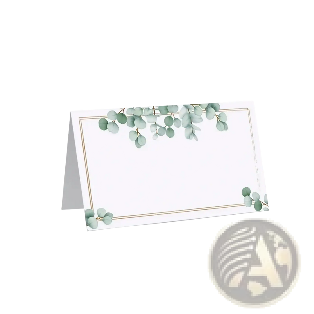 White paper place card with delicate green eucalyptus leaves and thin gold border from watercolor floral place cards 100 pack
