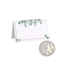 White paper place card with delicate green eucalyptus leaves and thin gold border from watercolor floral place cards 100 pack