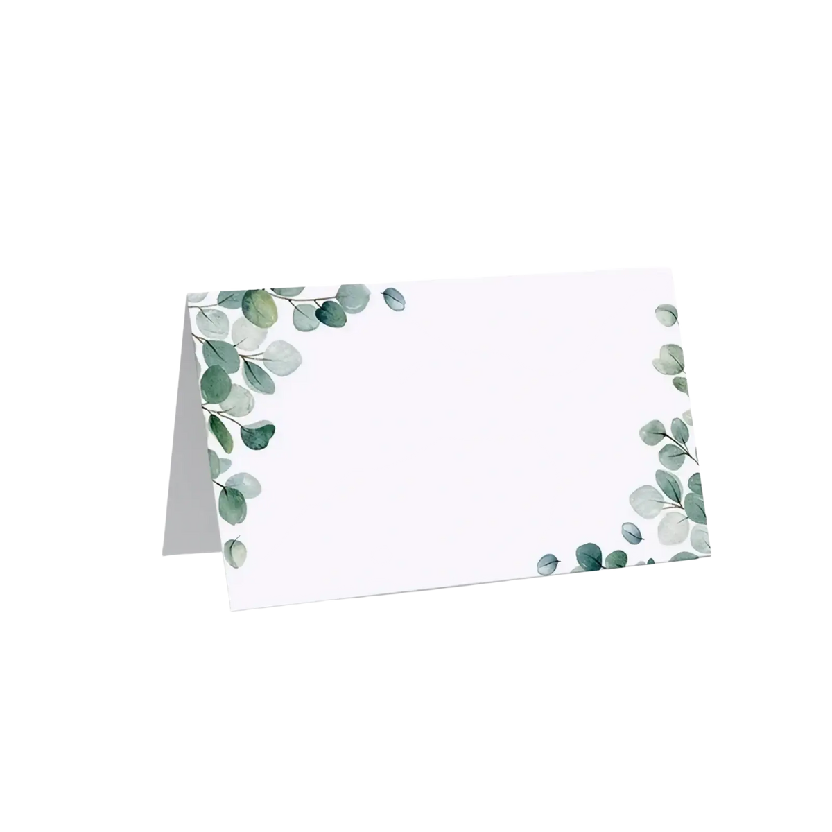White place card with delicate watercolor eucalyptus leaves in soft green and gray tones in a 100 pack