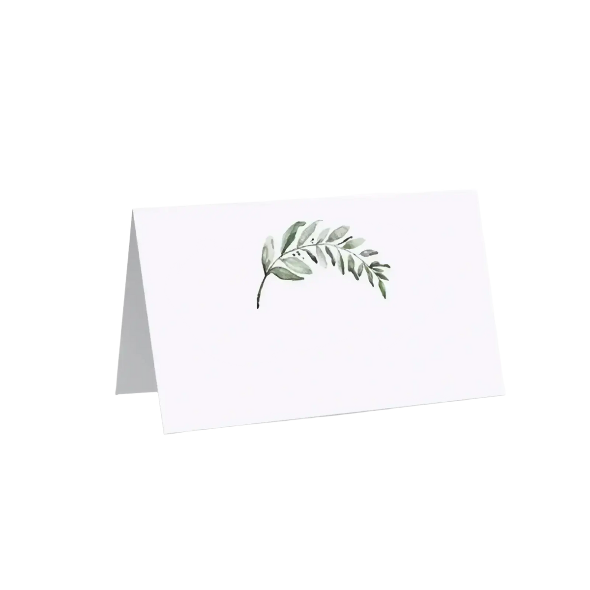 White folded place card featuring a delicate green leaf watercolor floral design in a 100 pack set