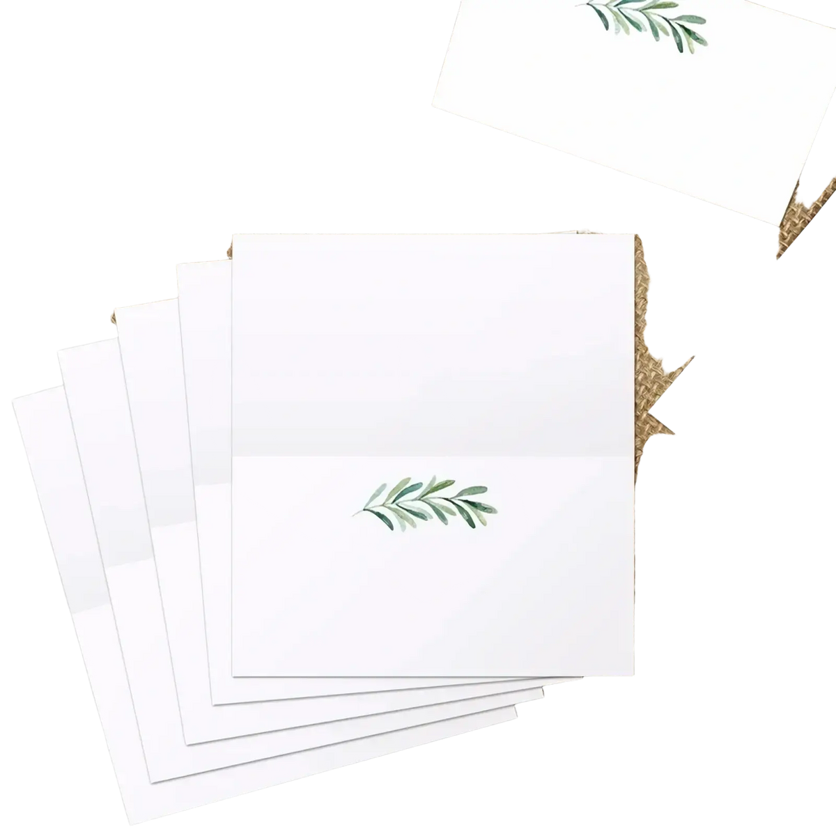 White folded note cards with delicate green watercolor leaf designs for watercolor floral place cards 100 pack