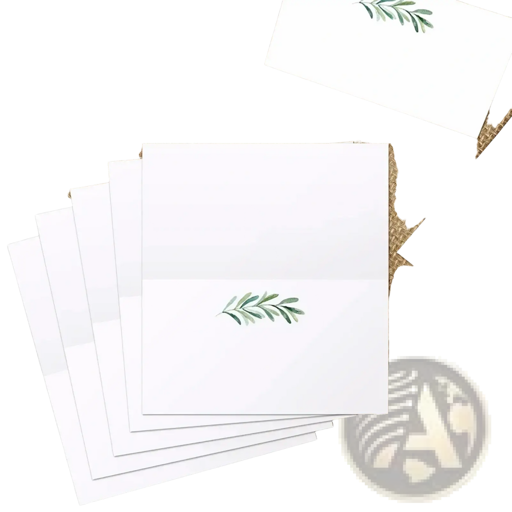 White folded note cards with delicate green watercolor leaf designs for watercolor floral place cards 100 pack