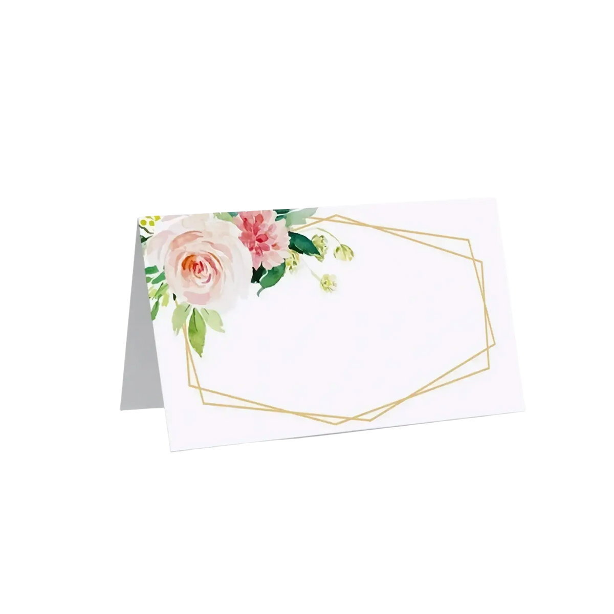 A white paper place card with soft pink watercolor roses and green leaves framed by a gold geometric border