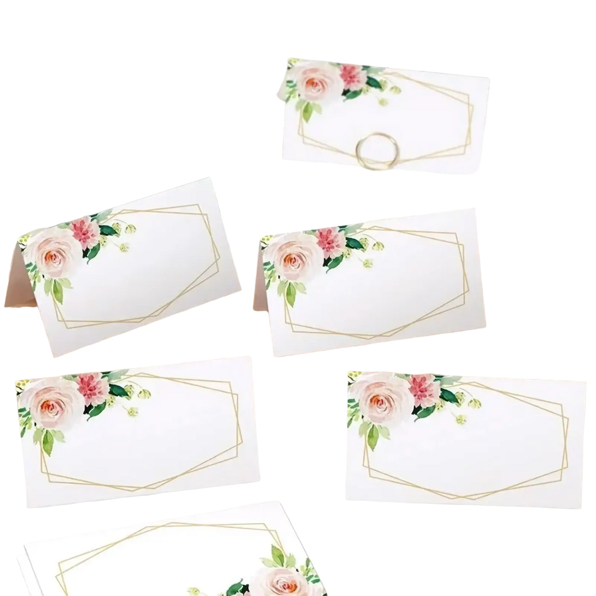 White paper place cards featuring delicate pink roses green foliage and a thin gold geometric border 100 pack