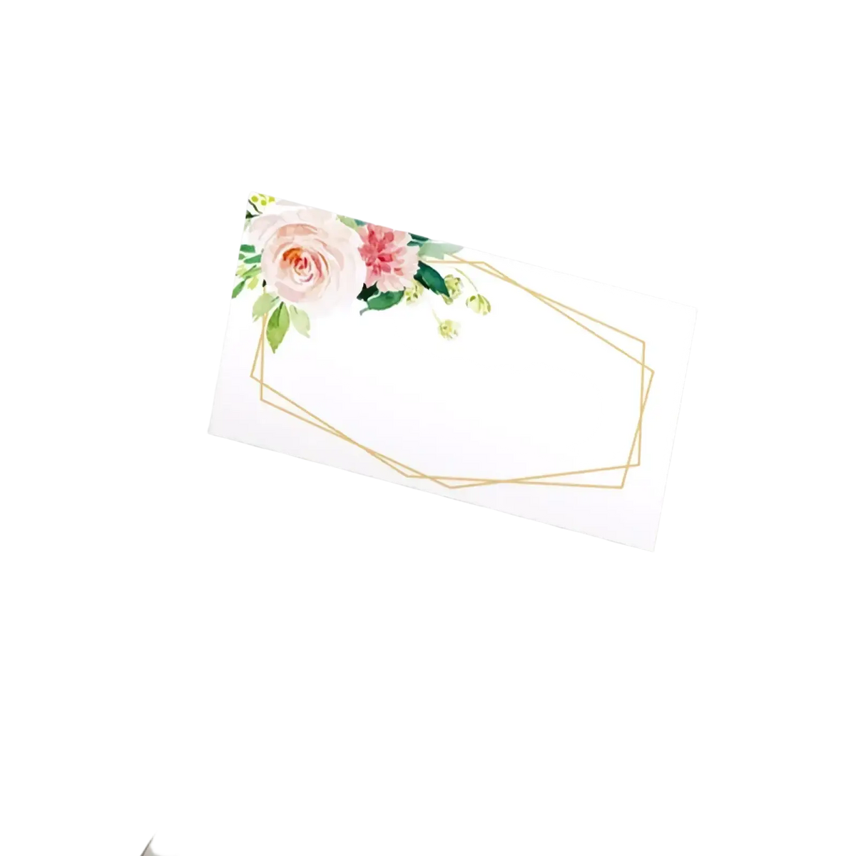 A white paper place card with pink roses green leaves and a gold geometric border from watercolor floral place cards 100 pack