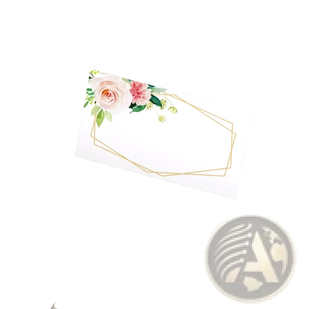A white paper place card with pink roses green leaves and a gold geometric border from watercolor floral place cards 100 pack