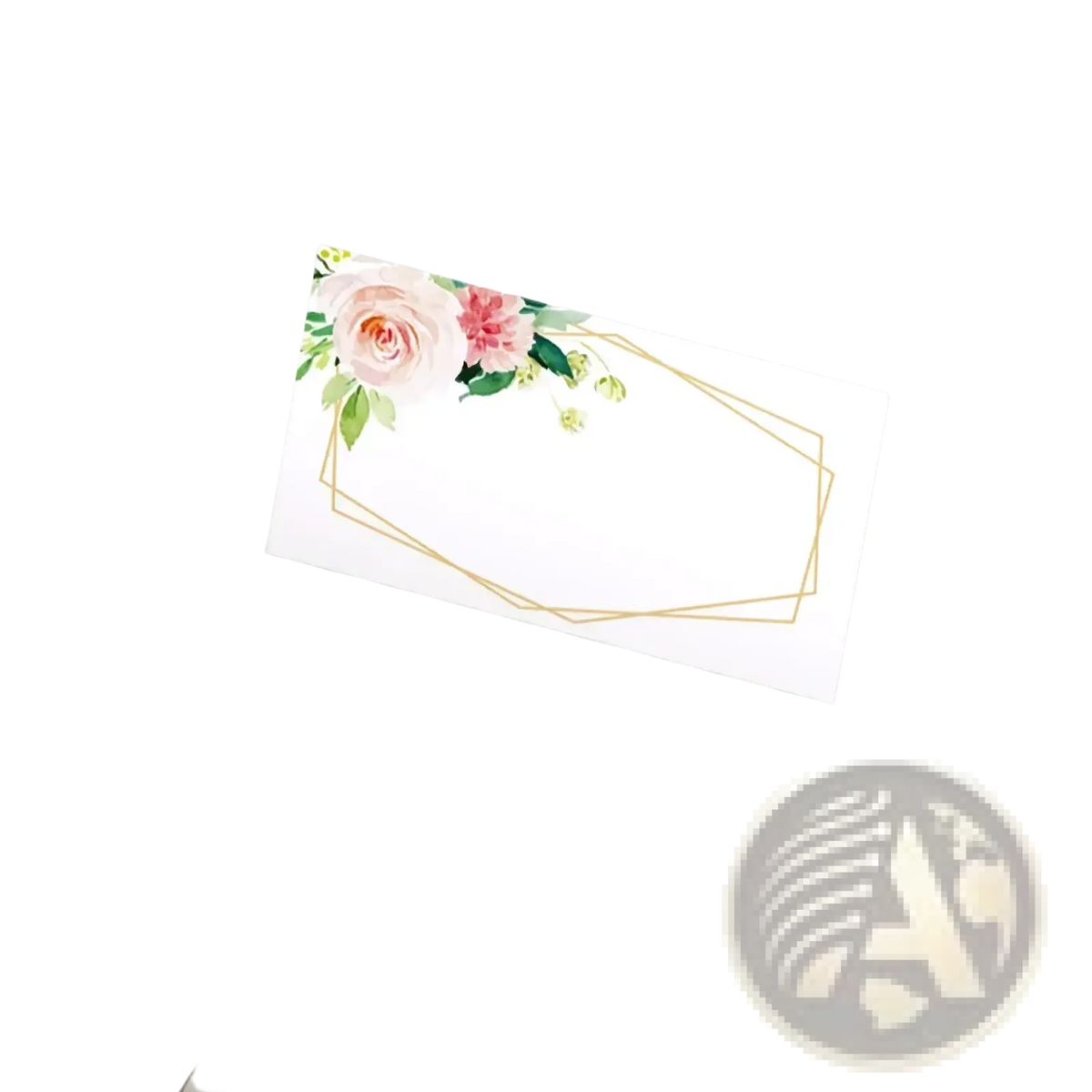 A white paper place card with pink roses green leaves and a gold geometric border from watercolor floral place cards 100 pack