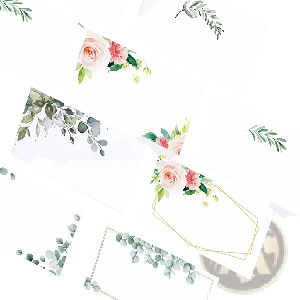 White paper place cards with delicate watercolor floral designs in soft pink green and gold accents 100 pack