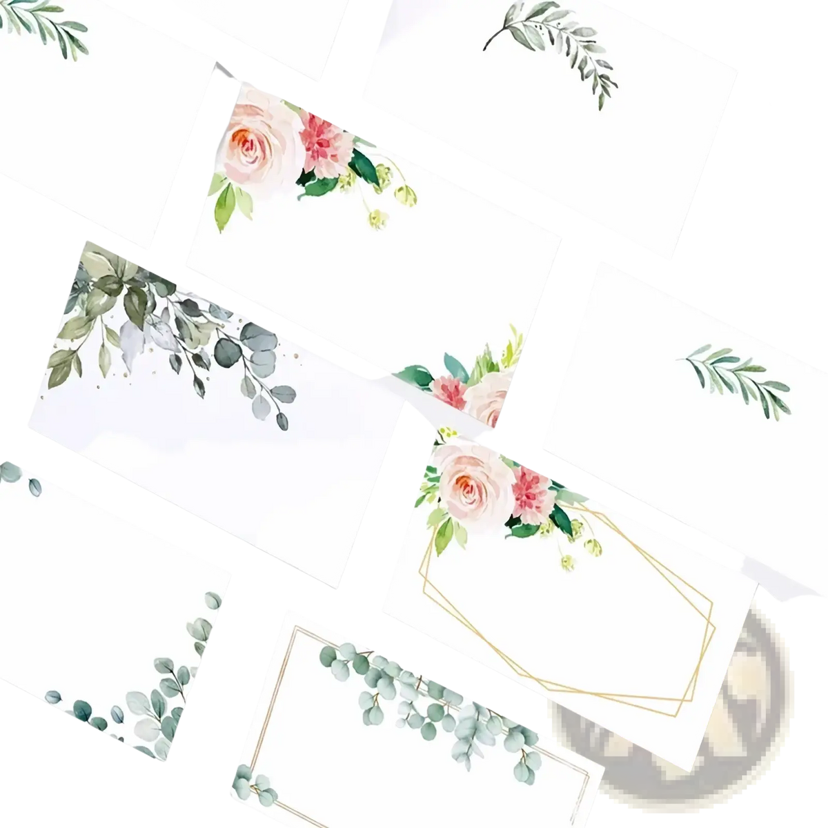 White paper place cards with delicate watercolor floral designs in soft pink green and gold accents 100 pack