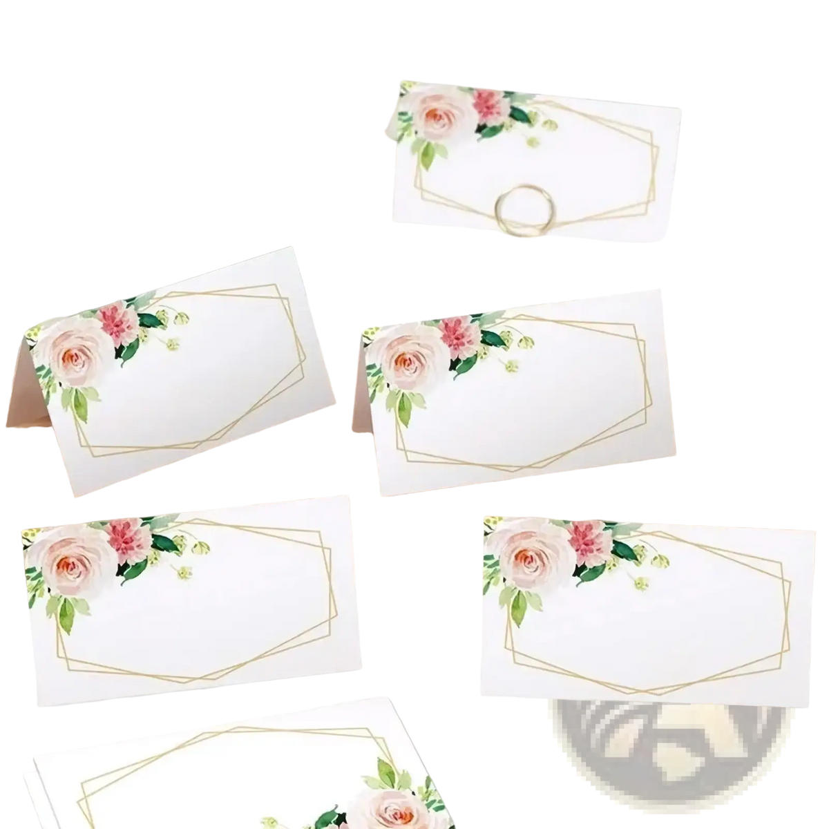 White paper place cards featuring delicate pink roses green foliage and a thin gold geometric border 100 pack