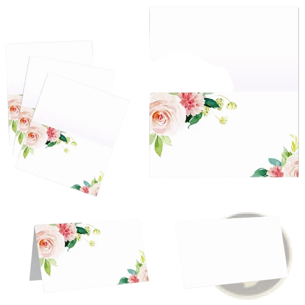 White paper place cards with delicate watercolor floral designs featuring soft pink roses and green leaves corners 100 pack