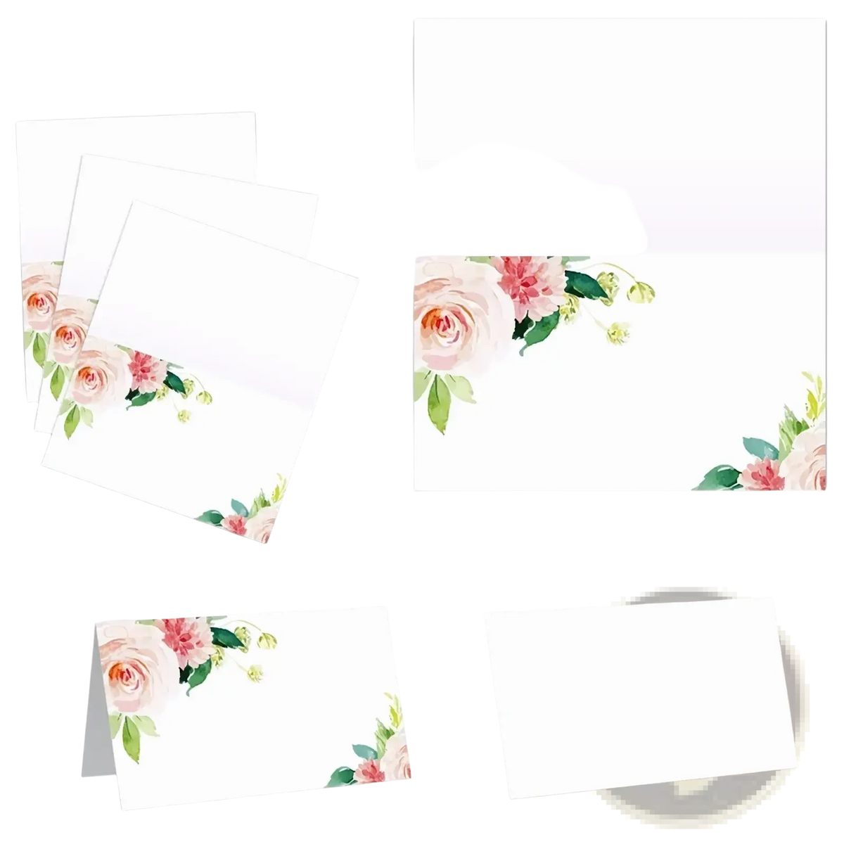 White paper place cards with delicate watercolor floral designs featuring soft pink roses and green leaves corners 100 pack