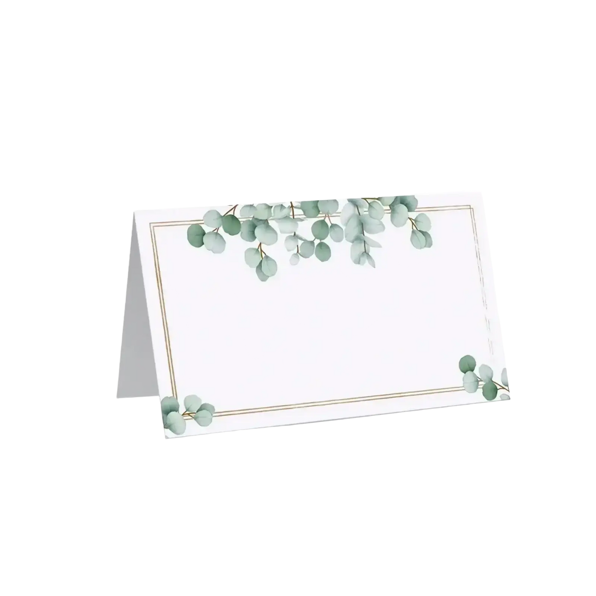 White rectangular watercolor floral place cards with light green eucalyptus illustrations and thin gold frame edges
