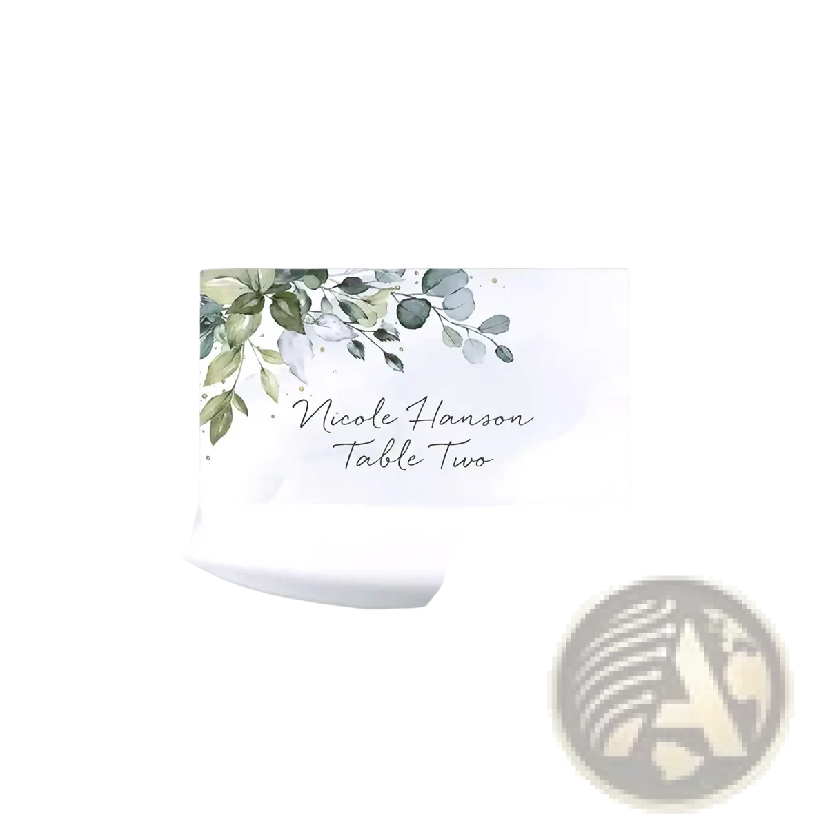 A white rectangular watercolor floral place card with green and gray leaves and elegant black cursive script
