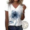 White v-neck t-shirt featuring a blue watercolor flower print perfect for casual wear