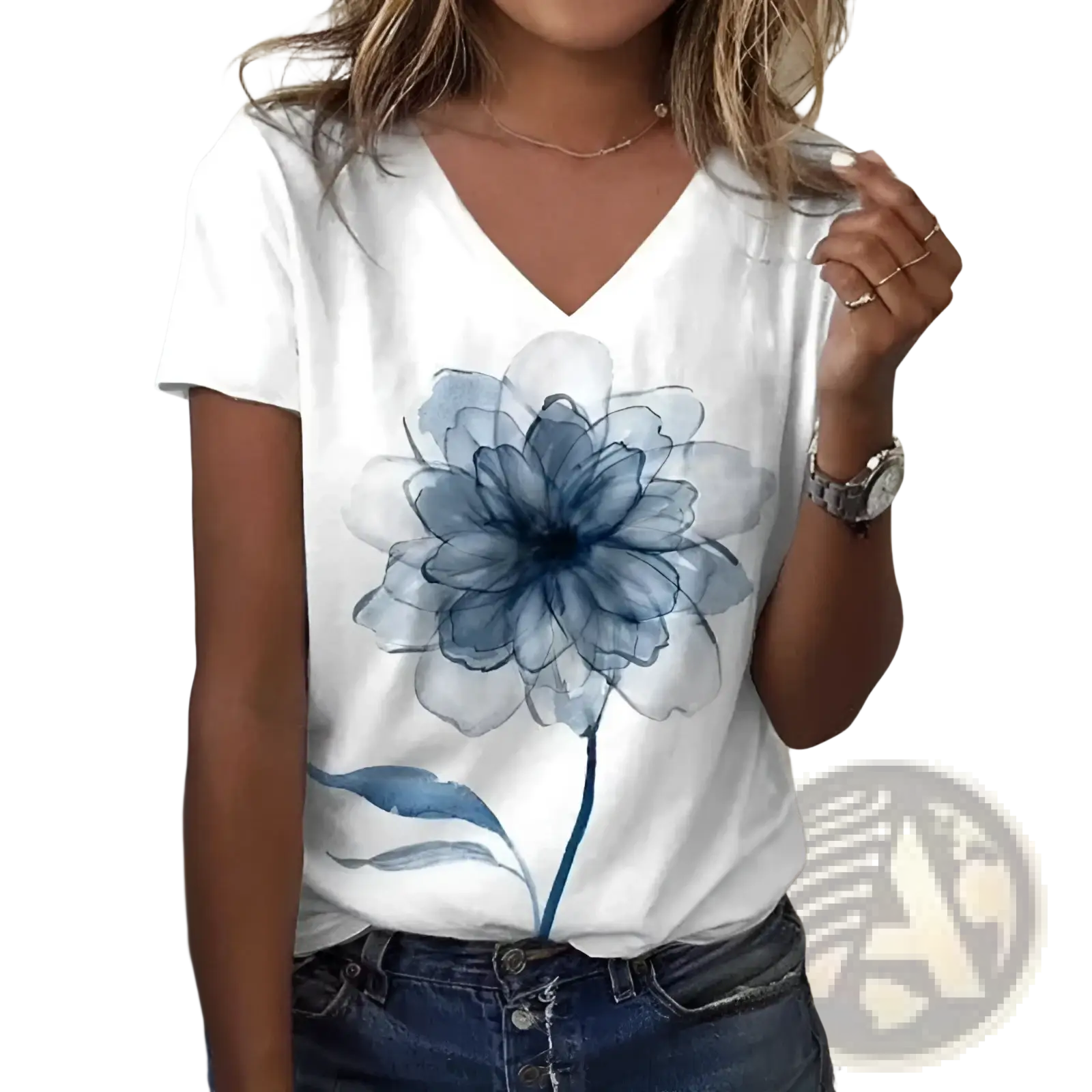 White v-neck t-shirt featuring a blue watercolor flower print perfect for casual wear