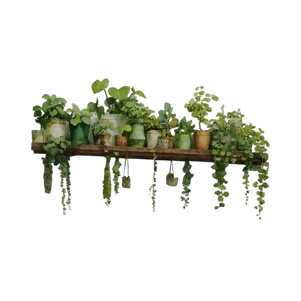 A watercolor plant shelf wall decal featuring a rustic wooden shelf with green potted plants in ceramic and terracotta pots