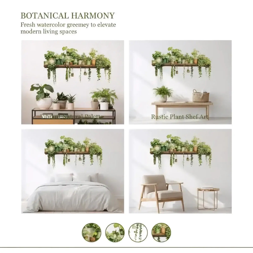 Rustic wooden shelf art with cascading green potted plants in earthy-toned ceramic pots for wall decor