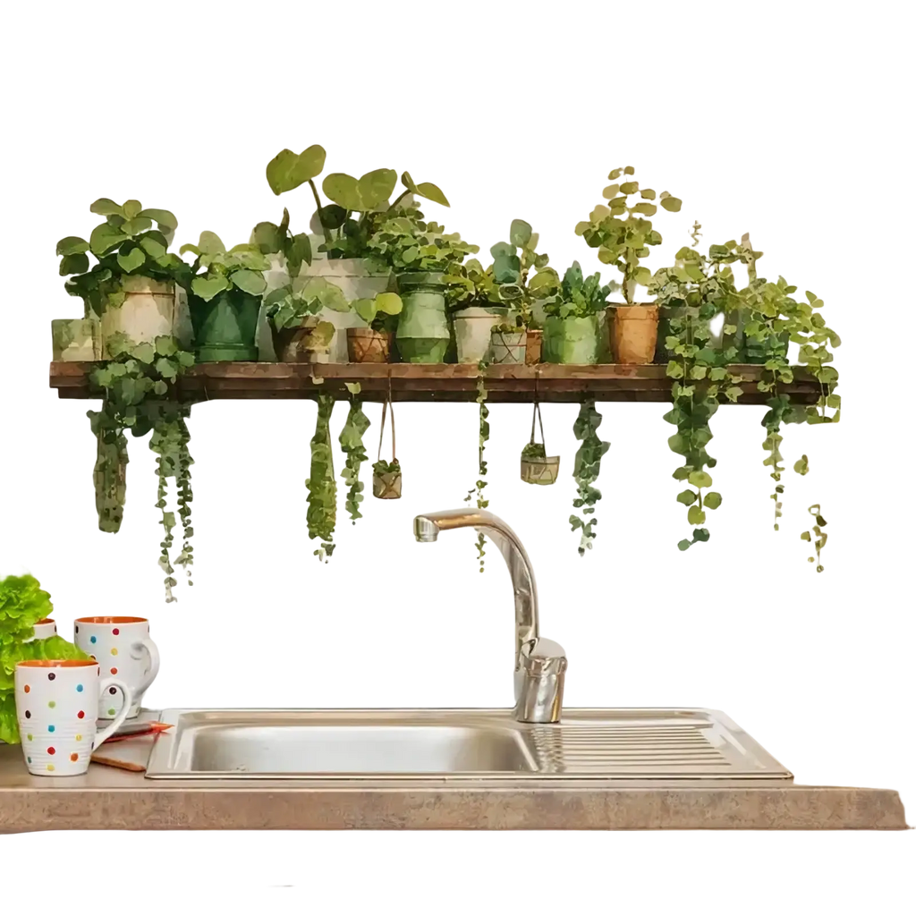 A rustic wooden plant shelf wall decal featuring green potted plants in ceramic and terracotta pots with hanging baskets