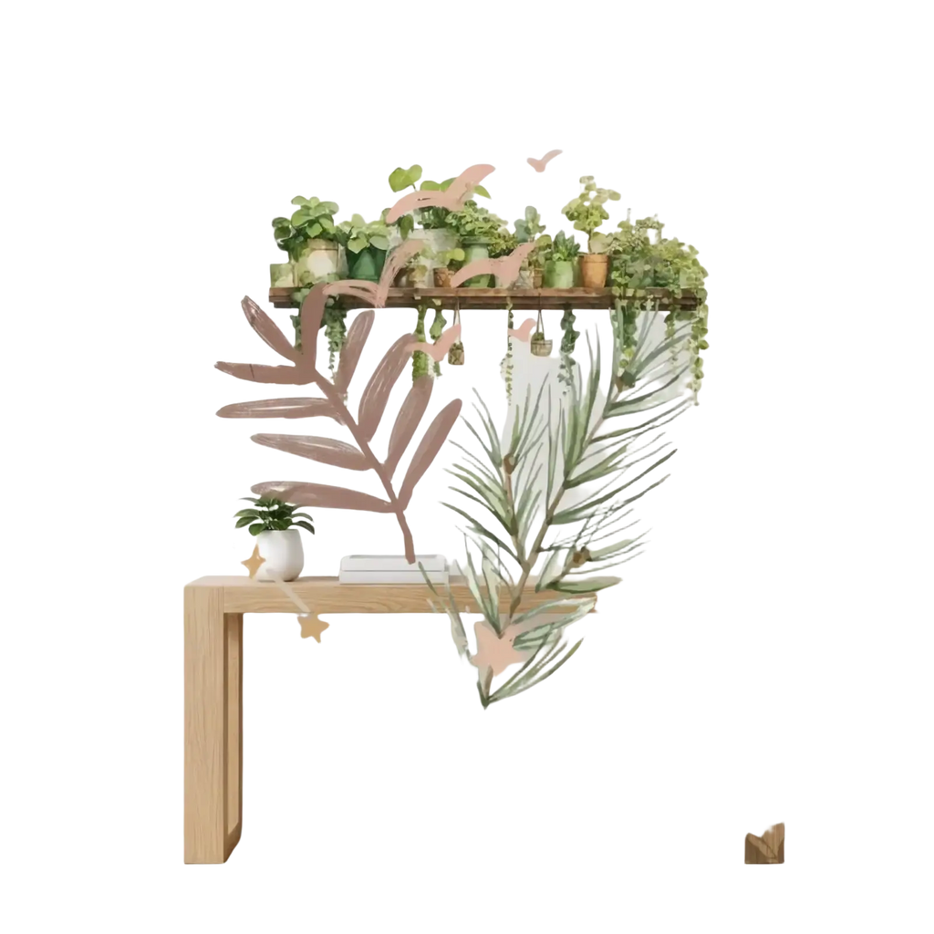 A wooden console table with minimalist design, light oak finish, and clean lines featured with watercolor plant shelf wall decal