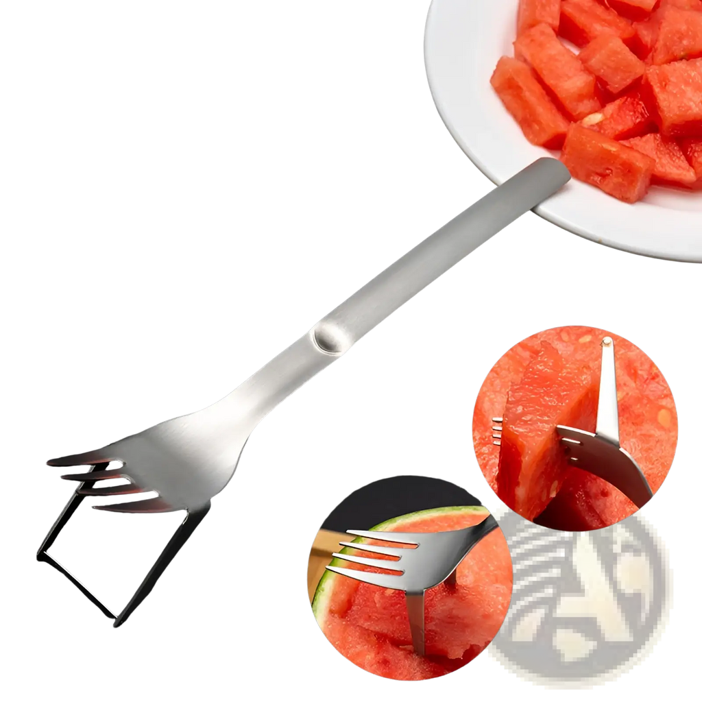 Stainless steel watermelon slicer fork 2-in-1 corer and cutter with sleek modern design for easy slicing and serving