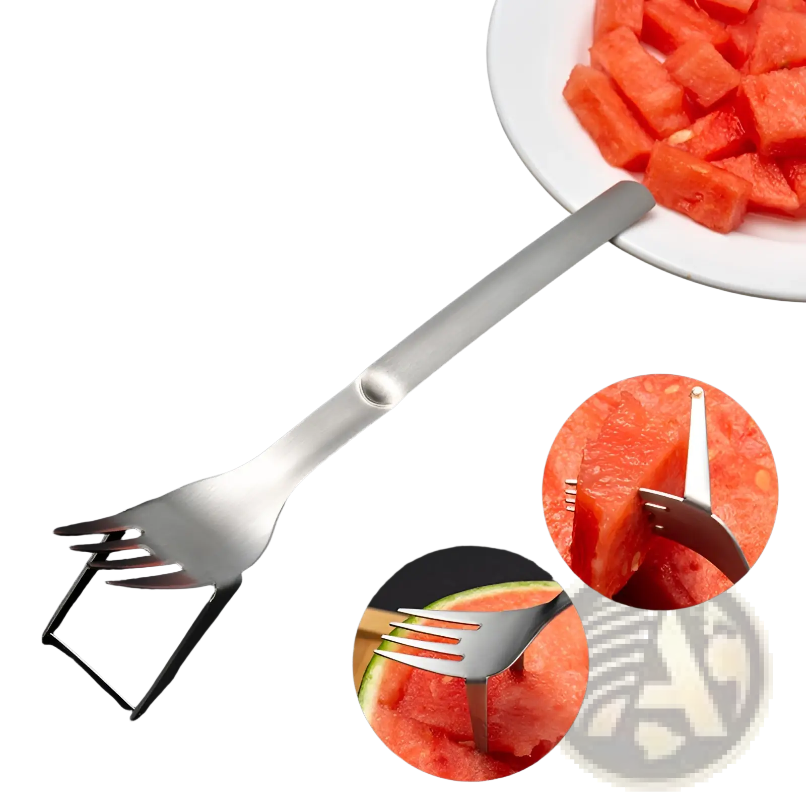 Stainless steel watermelon slicer fork 2-in-1 corer and cutter with sleek modern design for easy slicing and serving