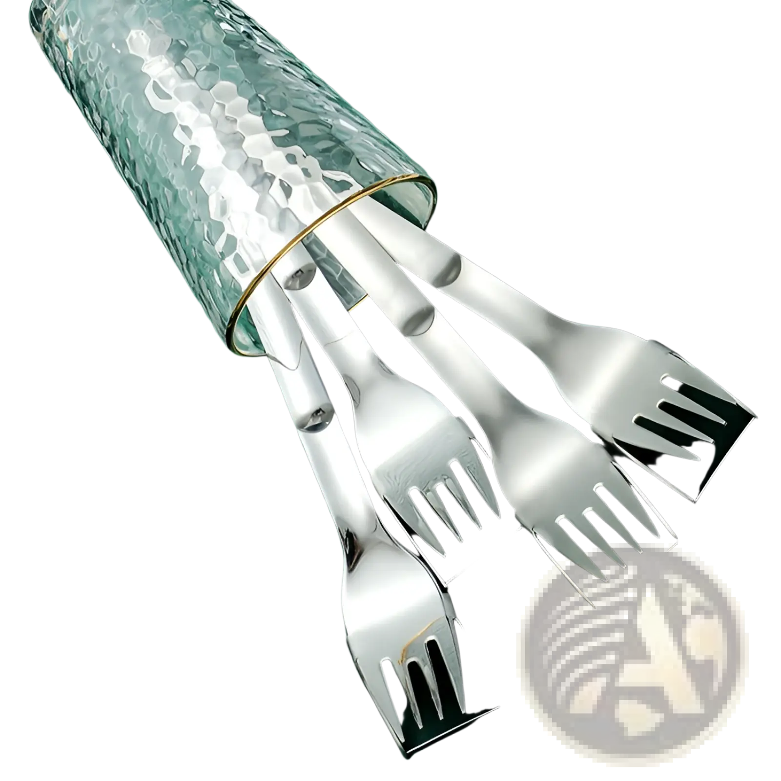 Set of four sleek polished stainless steel watermelon slicer forks with modern squared tines in a glass cylinder