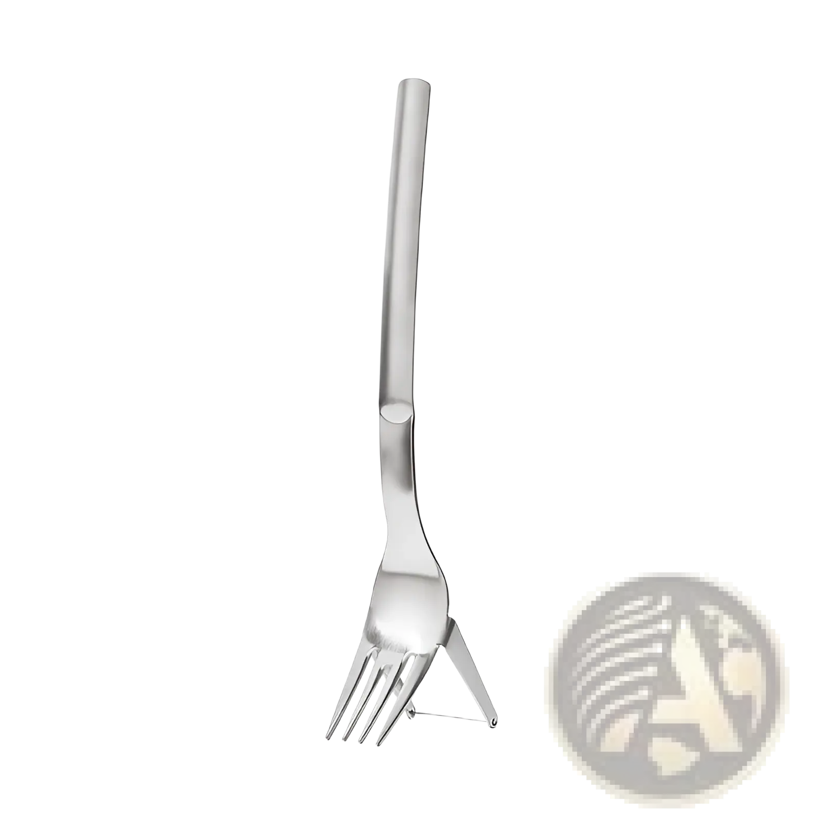 Silver stainless steel watermelon slicer fork with sleek modern design and integrated triangular stand base