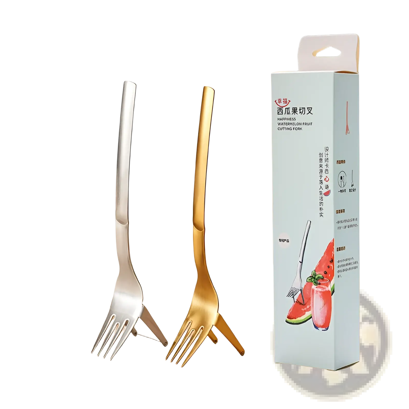 Two sleek metallic watermelon slicer forks in silver and gold stainless steel beside packaging on wooden surface