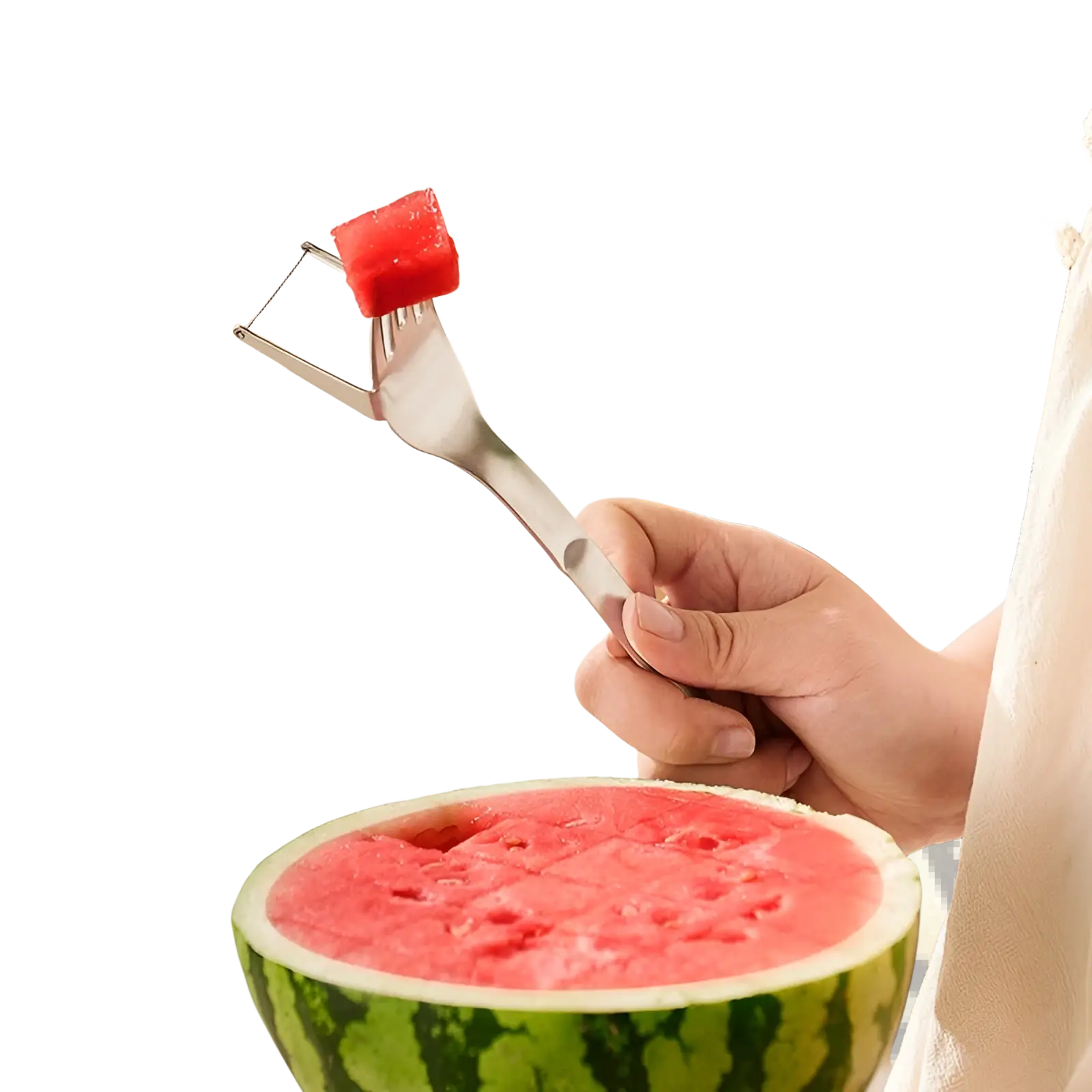Silver stainless steel 2-in-1 watermelon slicer fork holding a cube of red watermelon flesh for easy cutting