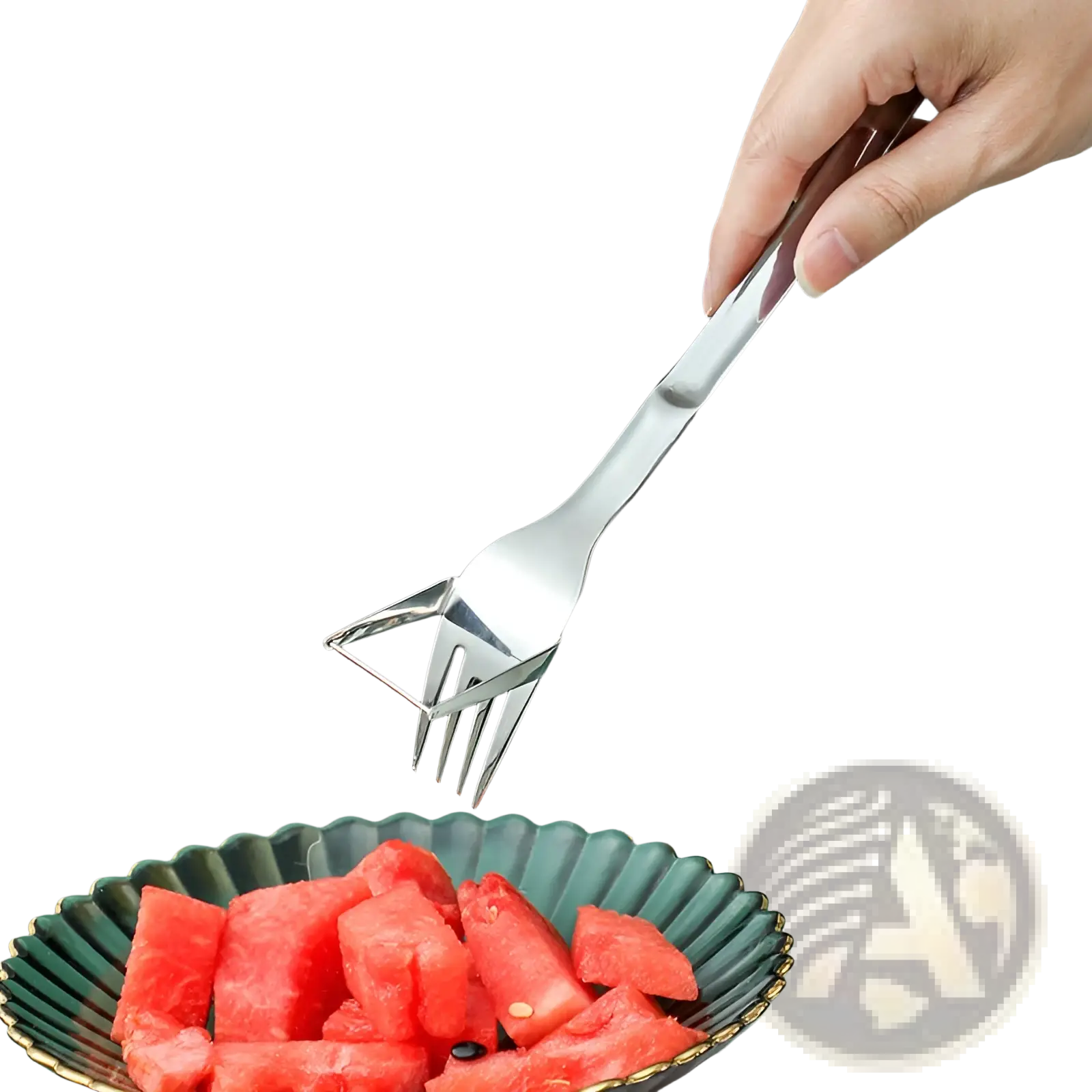 A sleek stainless steel 2-in-1 watermelon slicer fork with modern design and slightly curved handle