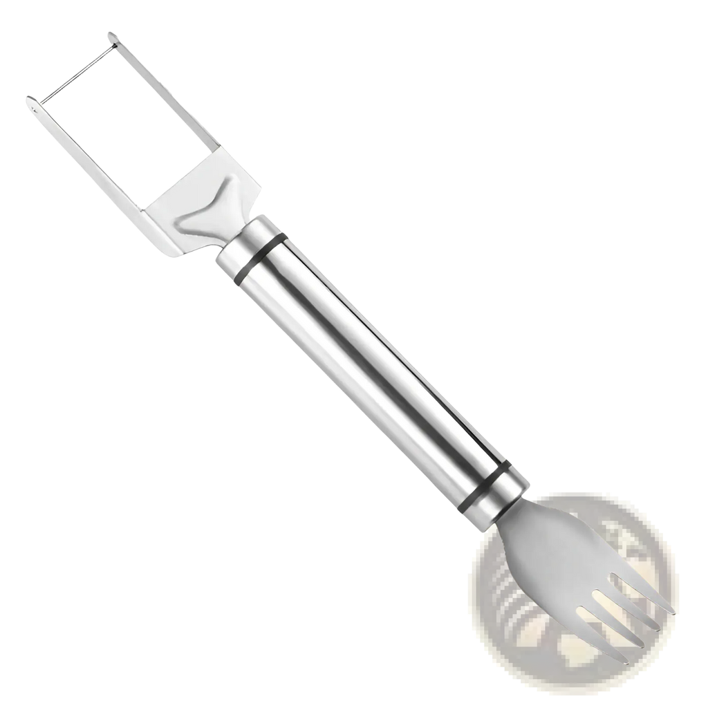 Stainless steel watermelon slicer fork with sleek polished finish combining vegetable peeler and cutting tool functions