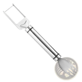 Stainless steel watermelon slicer fork with sleek polished finish combining vegetable peeler and cutting tool functions
