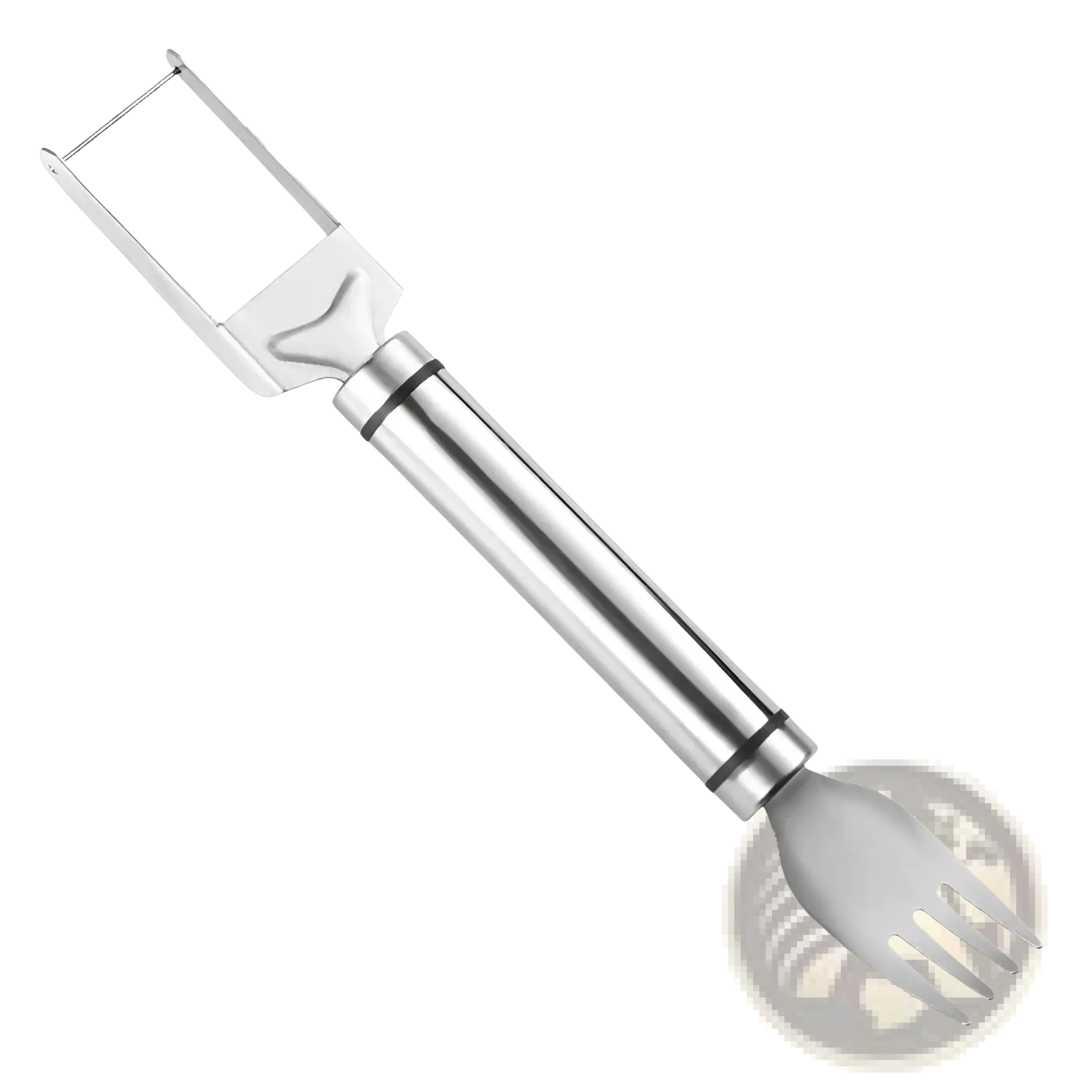 Stainless steel watermelon slicer fork with sleek polished finish combining vegetable peeler and cutting tool functions