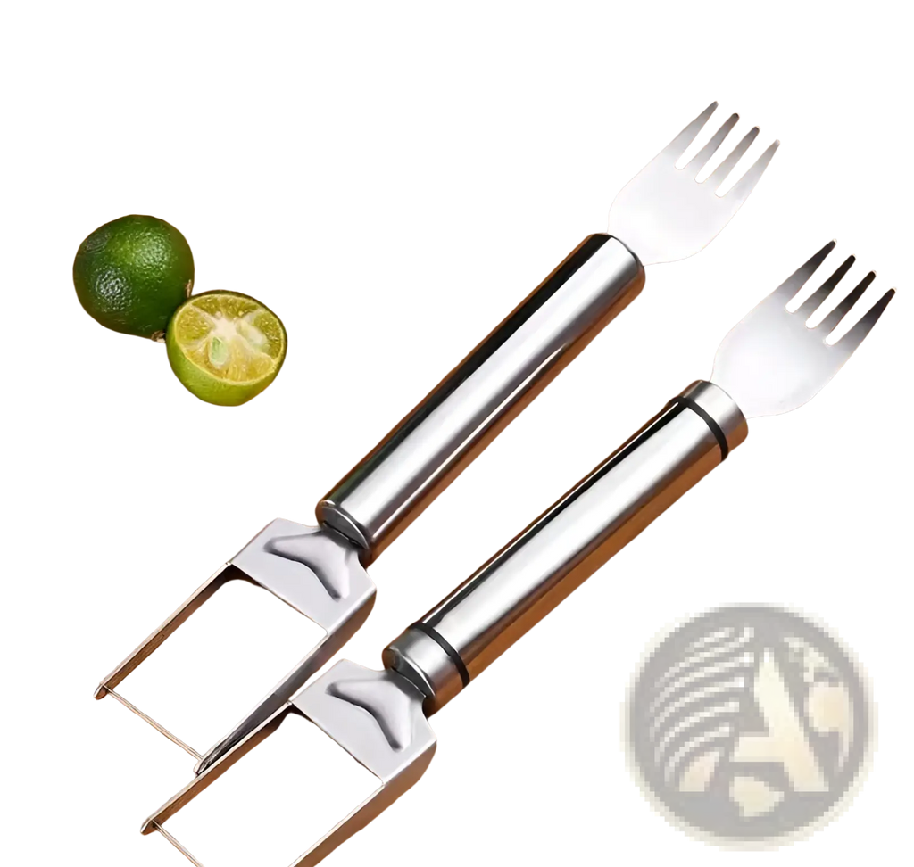 Two stainless steel watermelon slicer forks with polished handles and sharp four-pronged heads for efficient coring