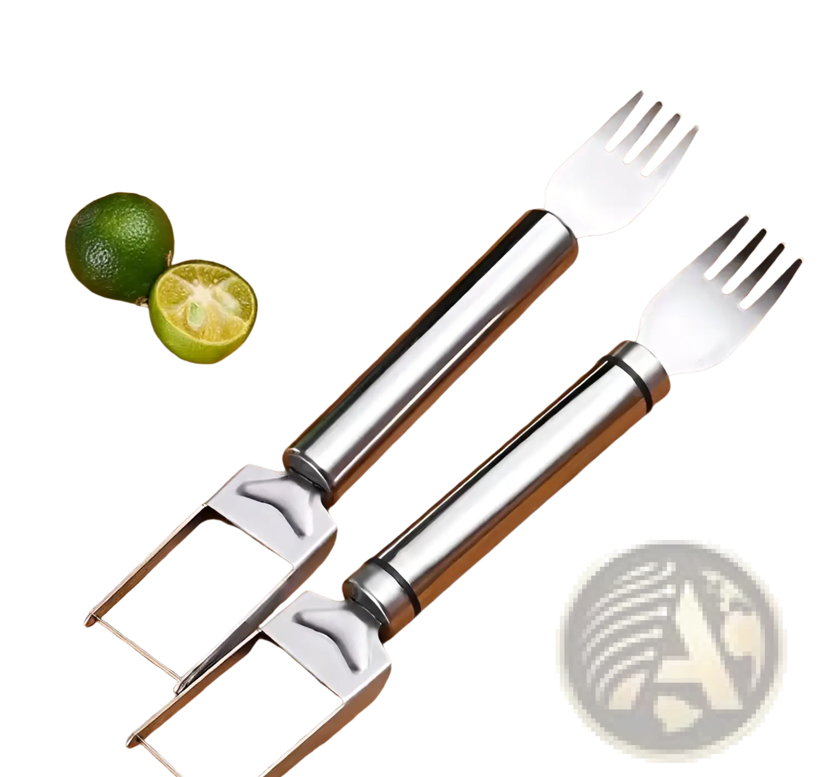 Two stainless steel watermelon slicer forks with polished handles and sharp four-pronged heads for efficient coring