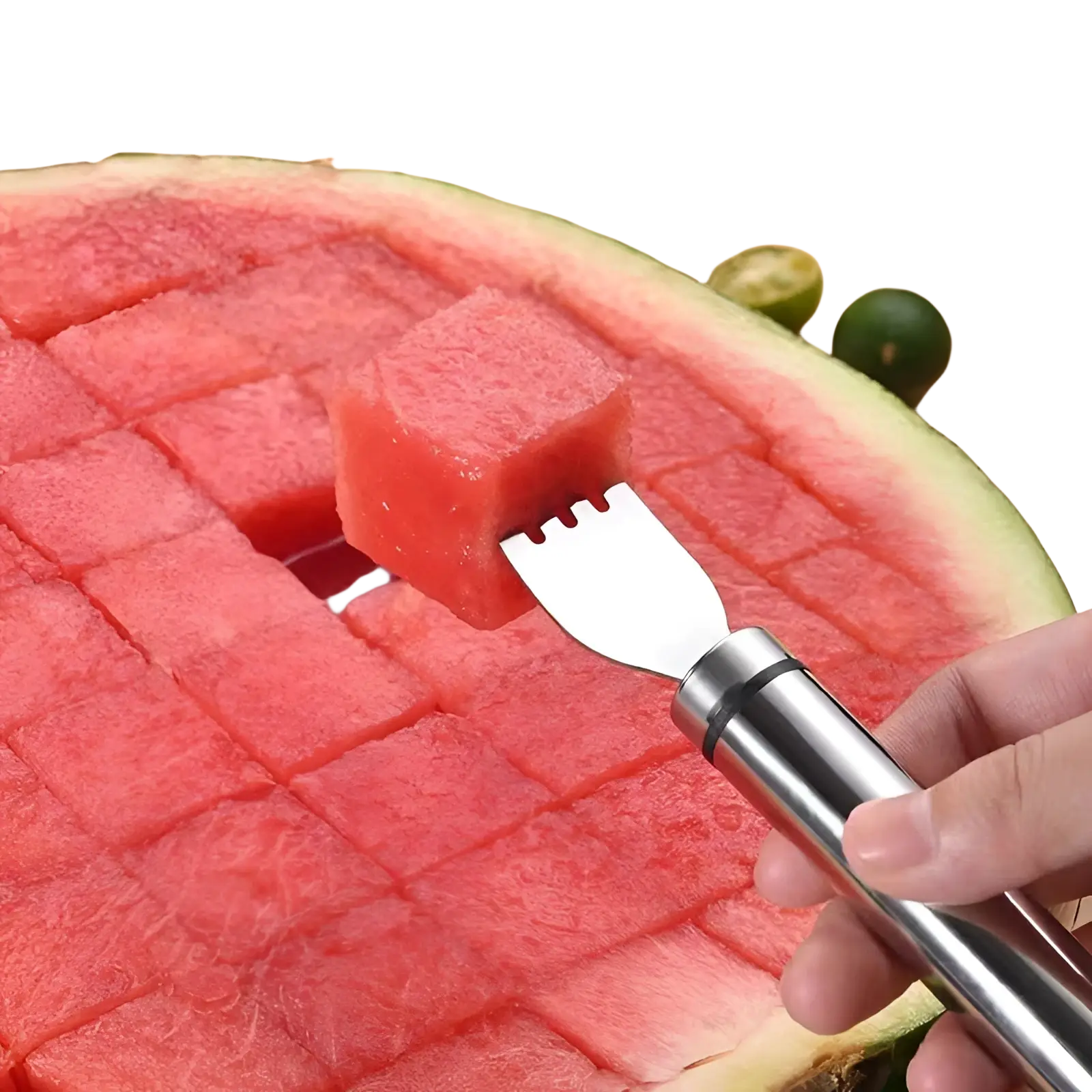 Stainless steel watermelon slicer fork with a sleek cylindrical handle and four-pronged fork head for easy cutting