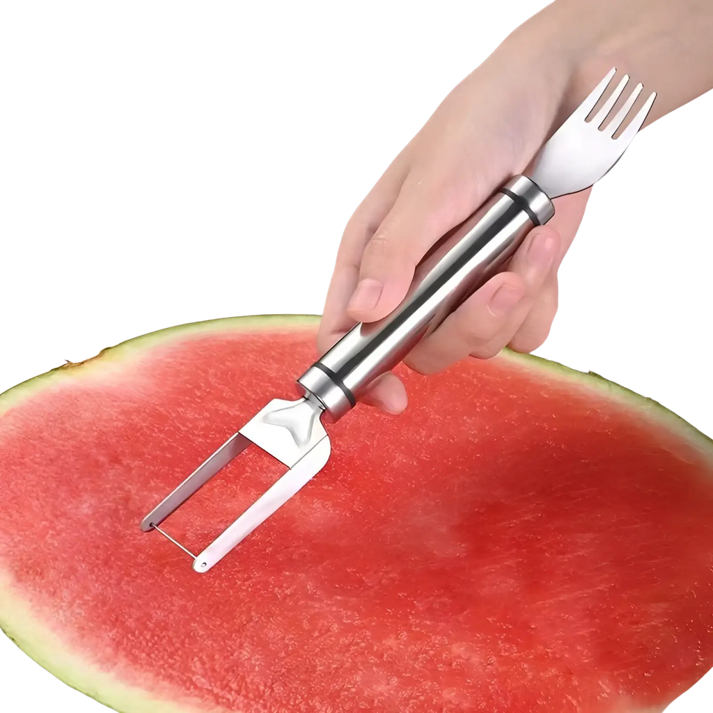 A stainless steel watermelon slicer fork with a sleek dual prong handle for easy seed removal