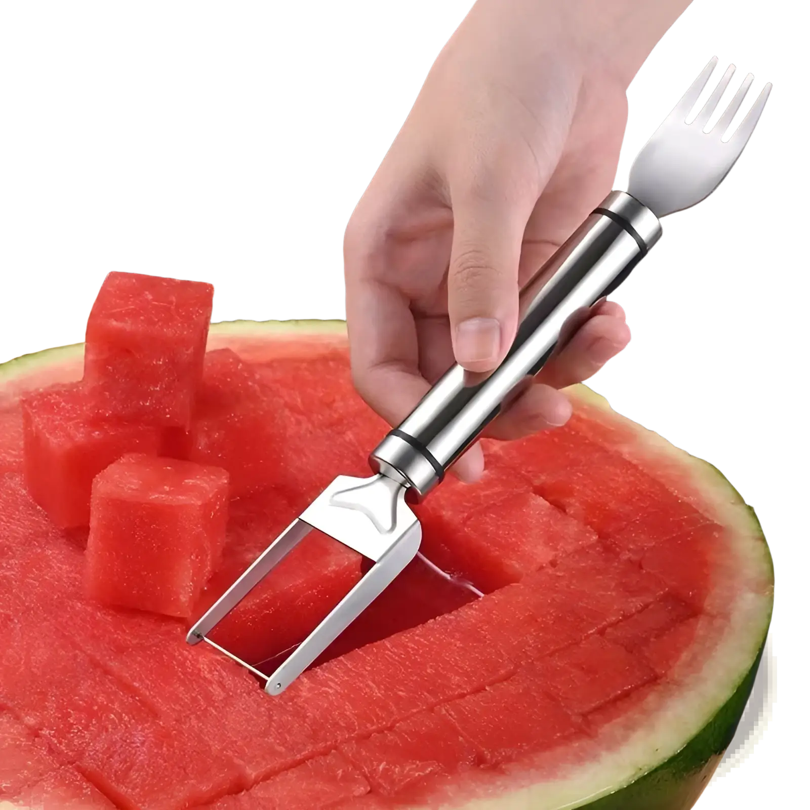 Shiny stainless steel watermelon slicer fork with dual-pronged blade and handle for easy fruit cutting