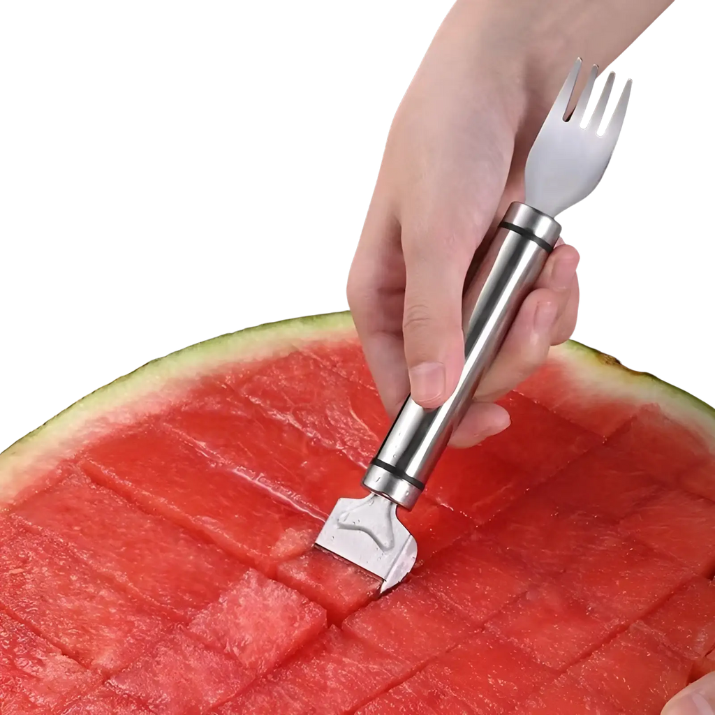 Stainless steel watermelon slicer fork with a fork-like head and sleek cylindrical handle for easy cutting