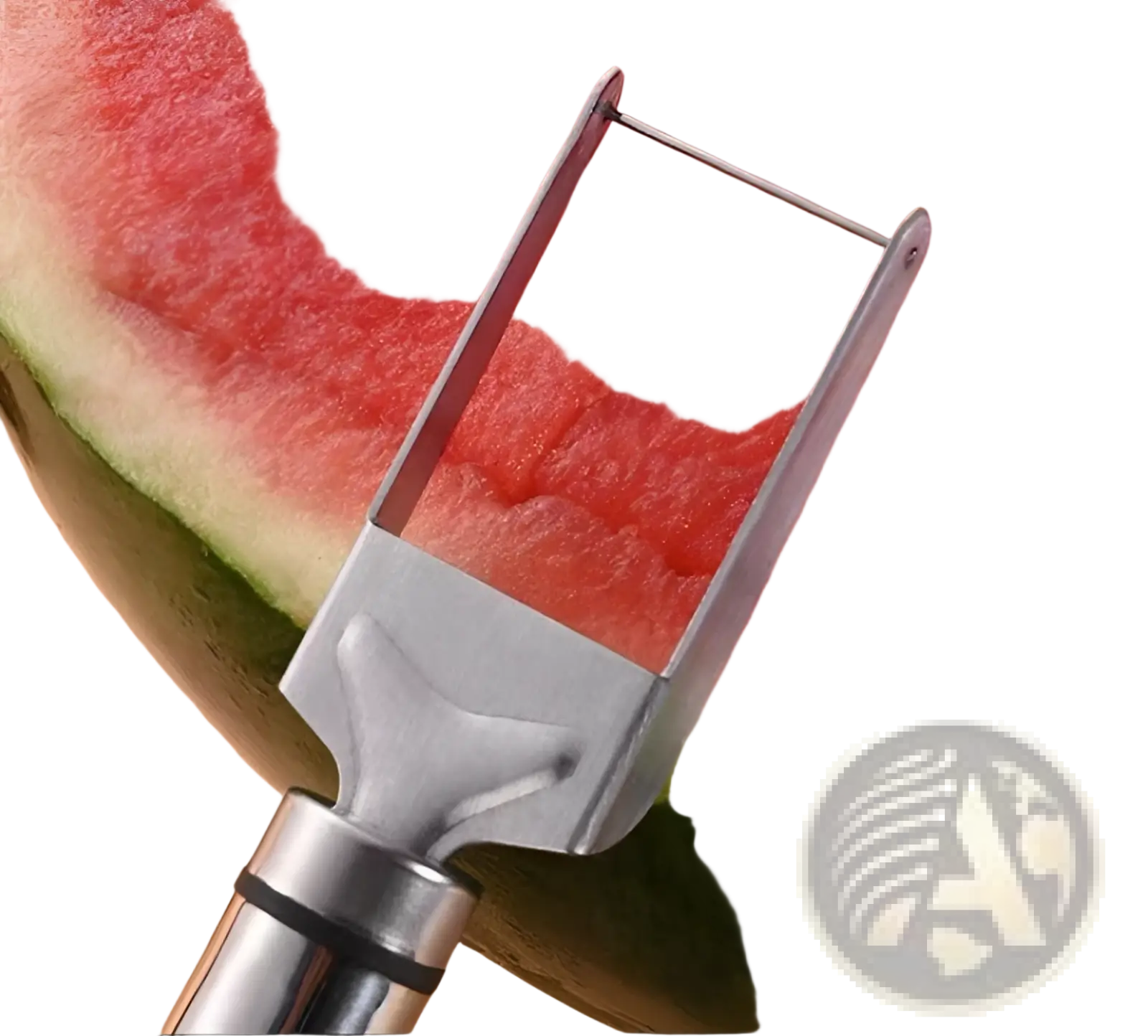 Silver stainless steel watermelon slicer fork with a sleek modern design for easy cutting and serving