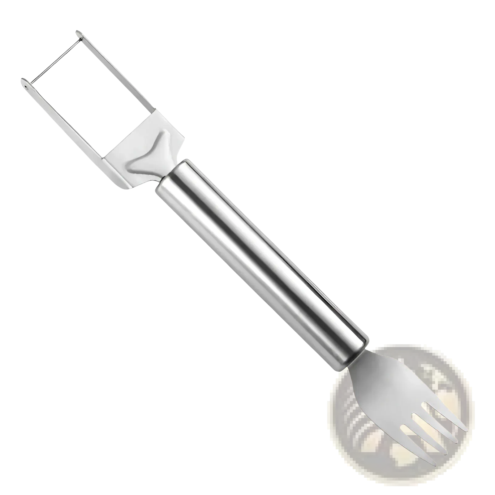Stainless steel watermelon slicer fork featuring a peeling blade and fork tines for efficient cutting and serving