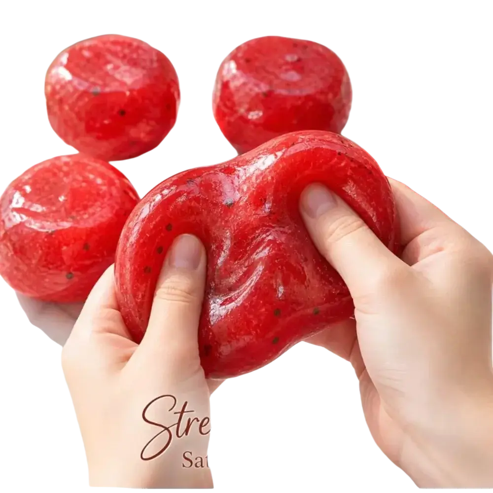 Red glossy strawberry shaped slow rebound squishy with black seed speckles in handmade watermelon slush design