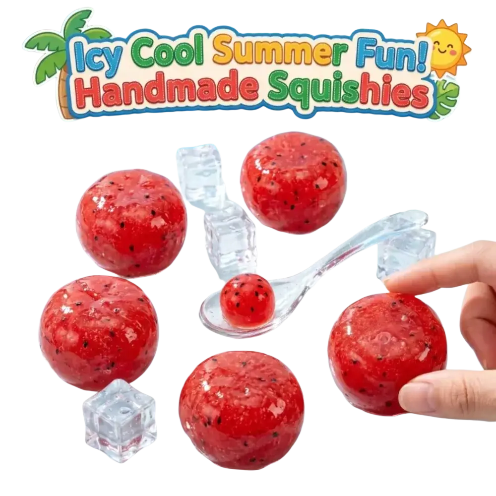 Red translucent handmade watermelon slush slow rebound squishy toy with black seed-like speckles for stress relief