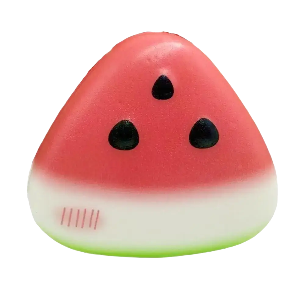 A triangular watermelon squeeze toy with a pink white gradient body black seeds and a green base slow rising stress reliever