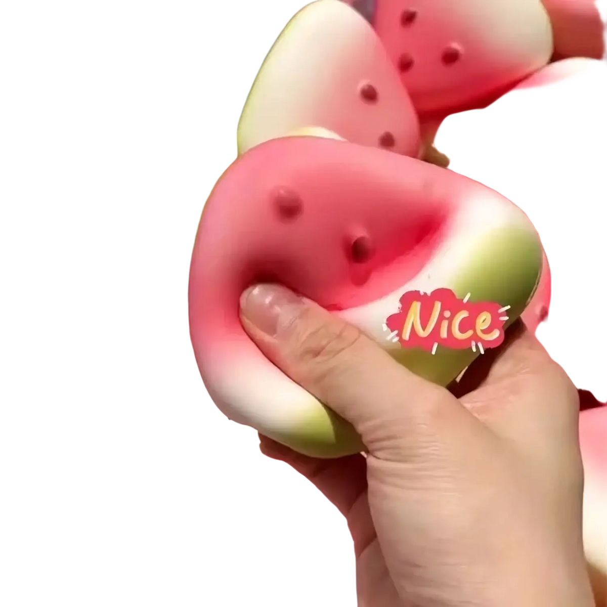 A pink and green watermelon-shaped squishy fidget toy with black seed details for stress relief