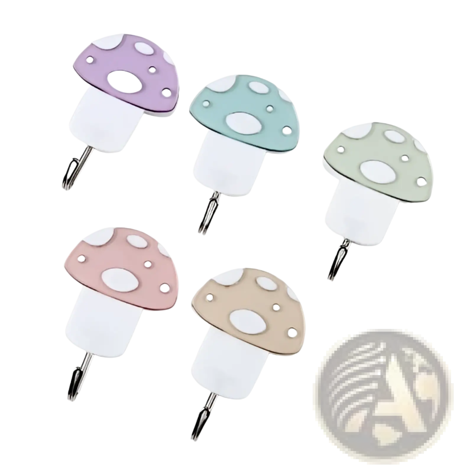 Waterproof adhesive wall hooks with metallic j hook in pastel mushroom shape with white polka dots