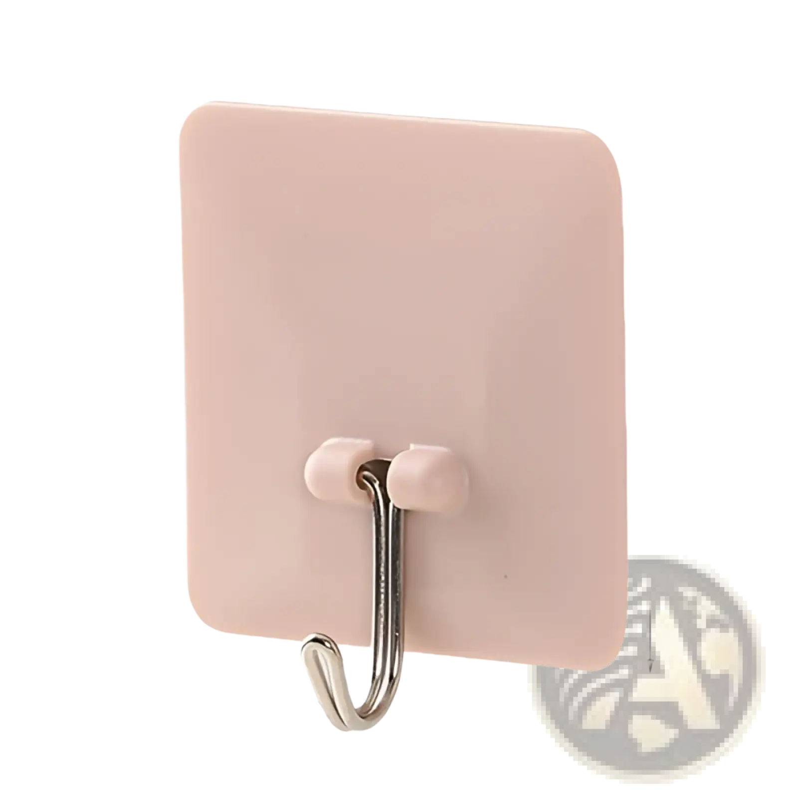 Waterproof adhesive wall hook in pink with a metallic silver j-shaped hanging loop for secure wall mounting