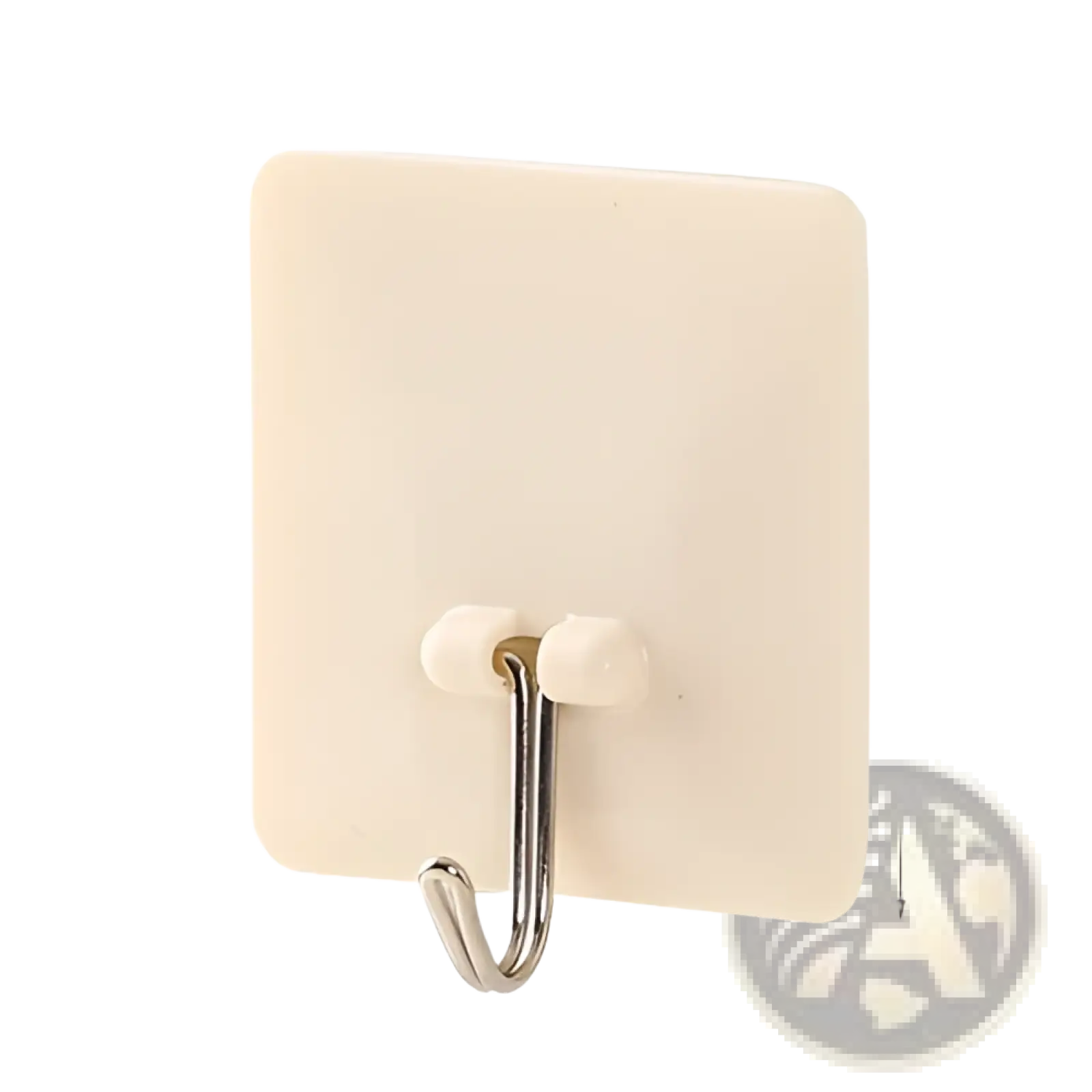 Beige square waterproof adhesive wall hook with a silver metallic j-shaped hook for secure hanging