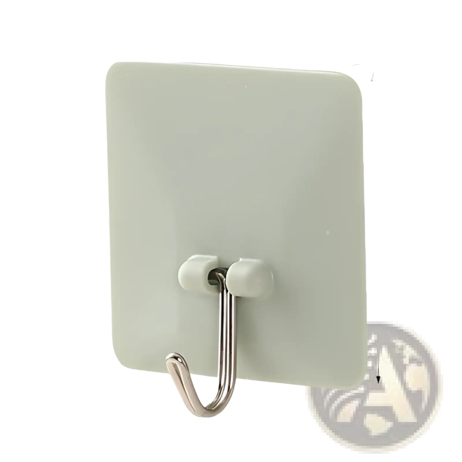 A sleek 6cm square waterproof adhesive wall hook with a metallic silver j hook and white plastic backing